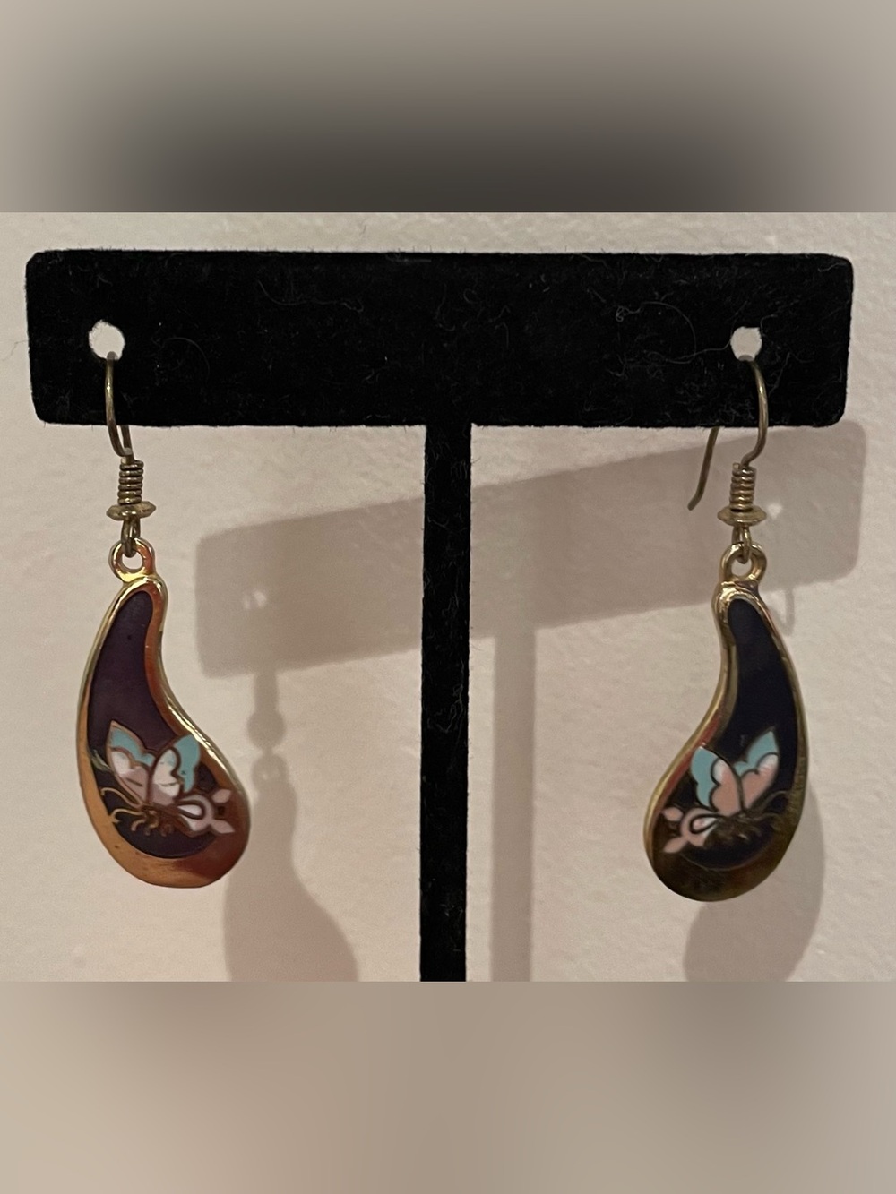 Vintage Cloisonné Enamel Butterfly Teardrop Dangle Earrings in Blue Accent